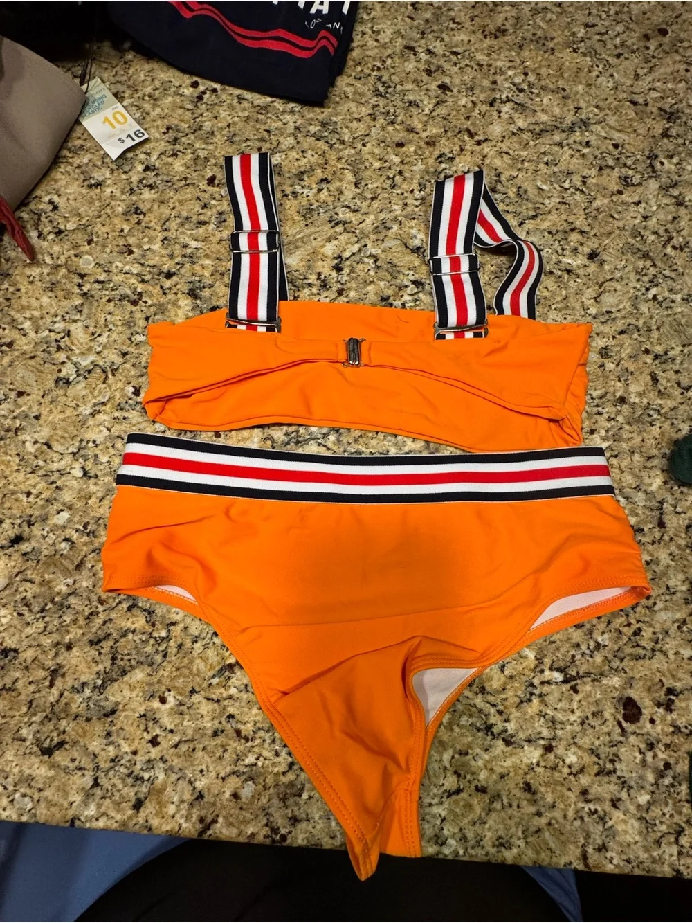 Women's Orange High-Waist Bikini Set with Striped Straps